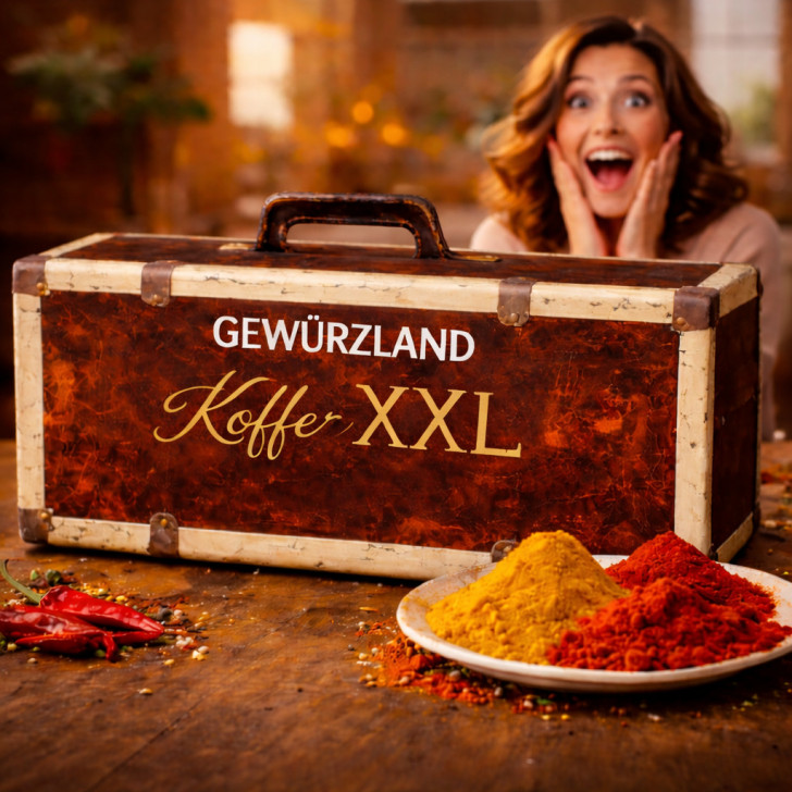 Retro Gewürzkoffer Mystery Box mit Gewürzen, Tee oder Kräutern, Überraschungspaket im Wert von 100 Euro