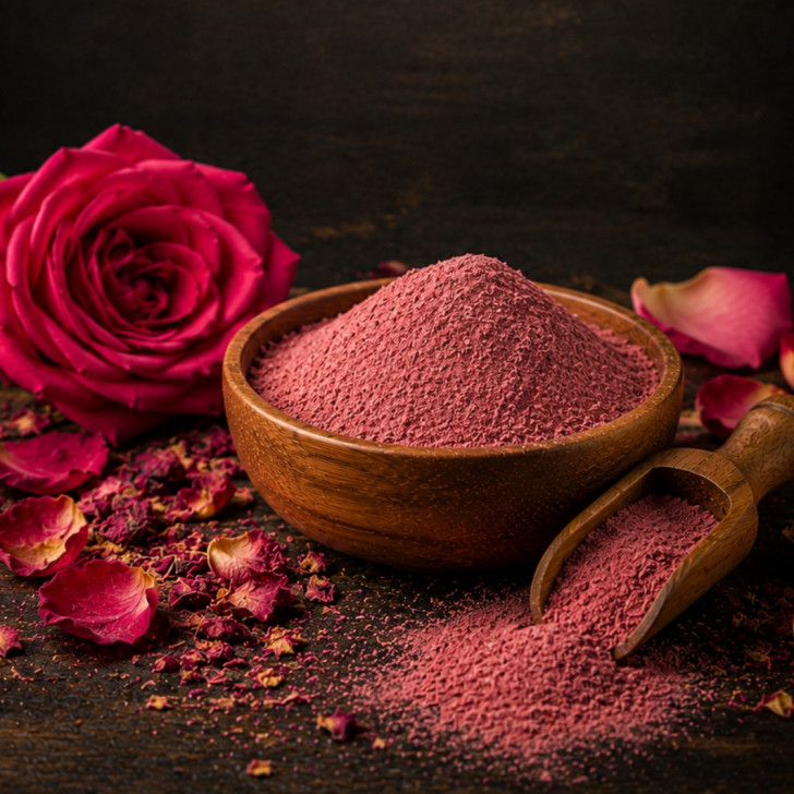 Rosenblütenblätter gemahlen kaufen, feines Rosenpulver für Tee Desserts und Küche