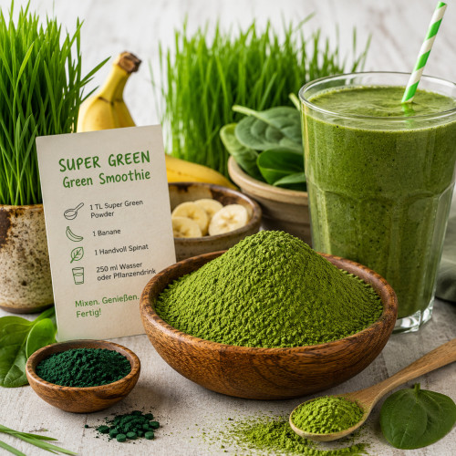 SUPER GREEN Green Smoothie Powder kaufen, grünes Pulver mit Weizengras Gerstengras Spirulina