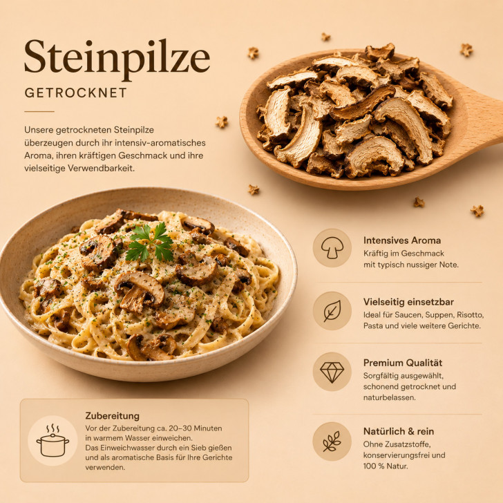 Steinpilze getrocknet kaufen - Porcini Pilze für Risotto, Pasta, Saucen und feine Küche
