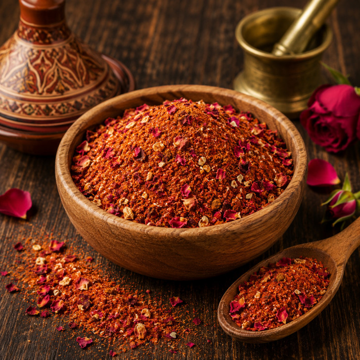 Rosenharissa Gewürz kaufen, spicy Würze mit essbaren Rosen für Couscous Gemüse