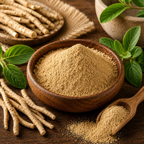 Ashwagandha Pulver kaufen, gemahlene Withaniawurzel fein vermahlen für Smoothie, Joghurt und Küche